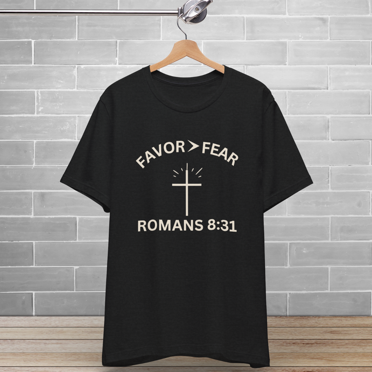 Favor > Fear (Romans 8:31 Bible Verse)  Christian-Tee Back to School — Minimal Cross | Bella+Canvas 3001