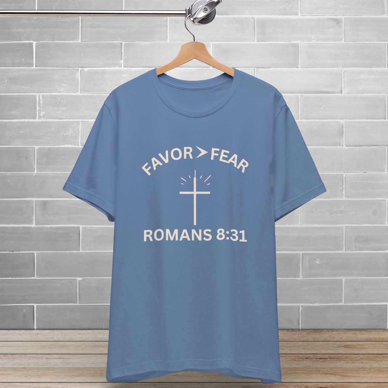 Favor > Fear (Romans 8:31 Bible Verse)  Christian-Tee Back to School — Minimal Cross | Bella+Canvas 3001