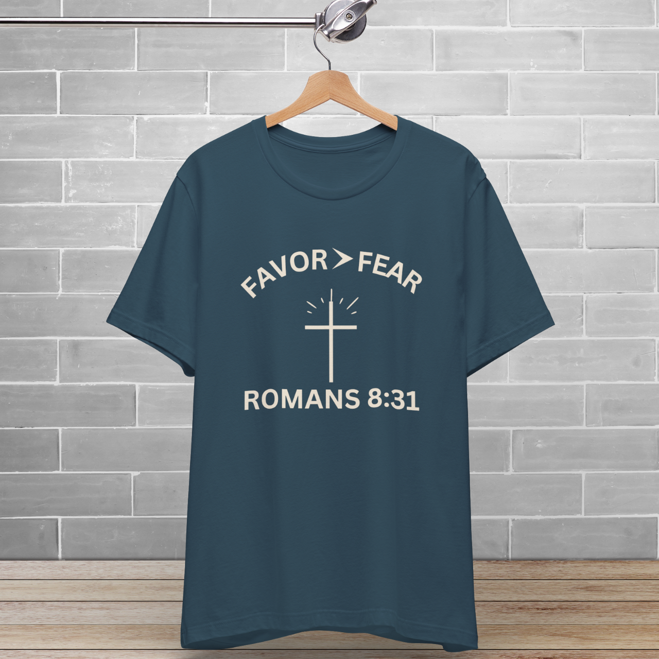 Favor > Fear (Romans 8:31 Bible Verse)  Christian-Tee Back to School — Minimal Cross | Bella+Canvas 3001