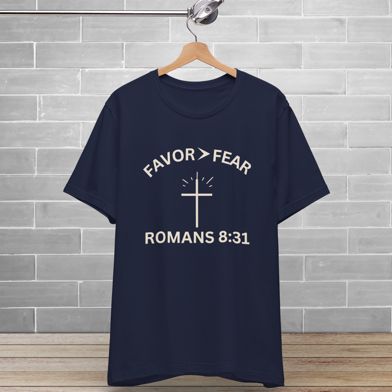 Favor > Fear (Romans 8:31 Bible Verse)  Christian-Tee Back to School — Minimal Cross | Bella+Canvas 3001