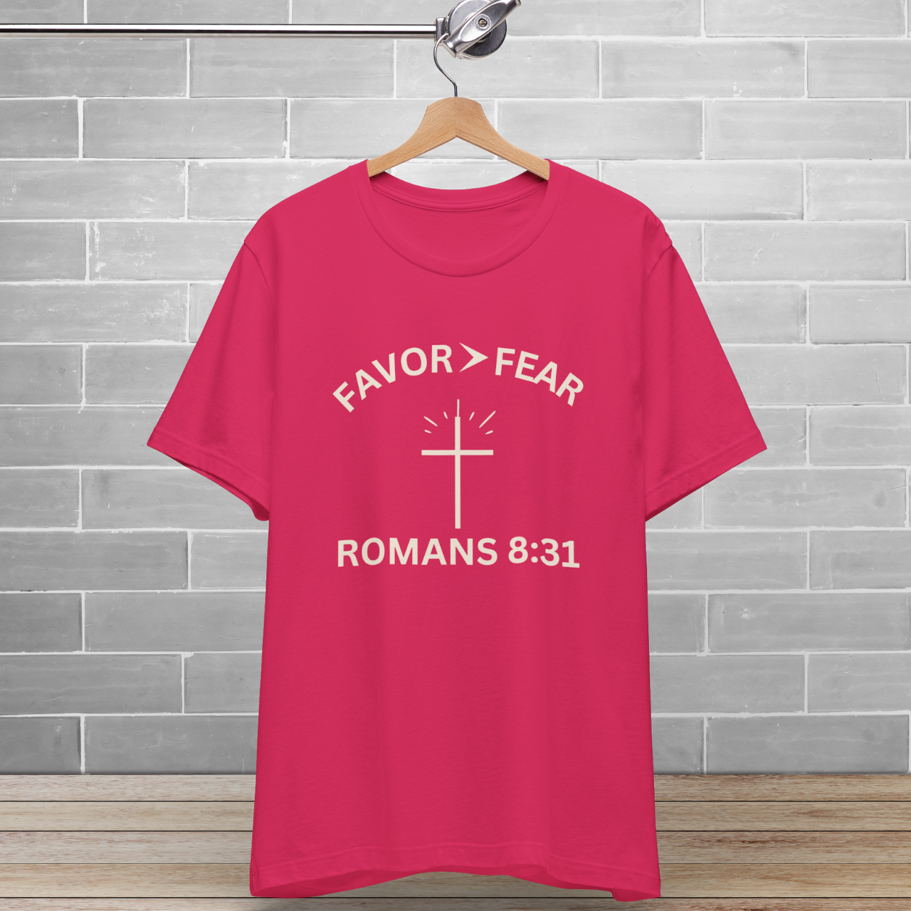 Favor > Fear (Romans 8:31 Bible Verse)  Christian-Tee Back to School — Minimal Cross | Bella+Canvas 3001