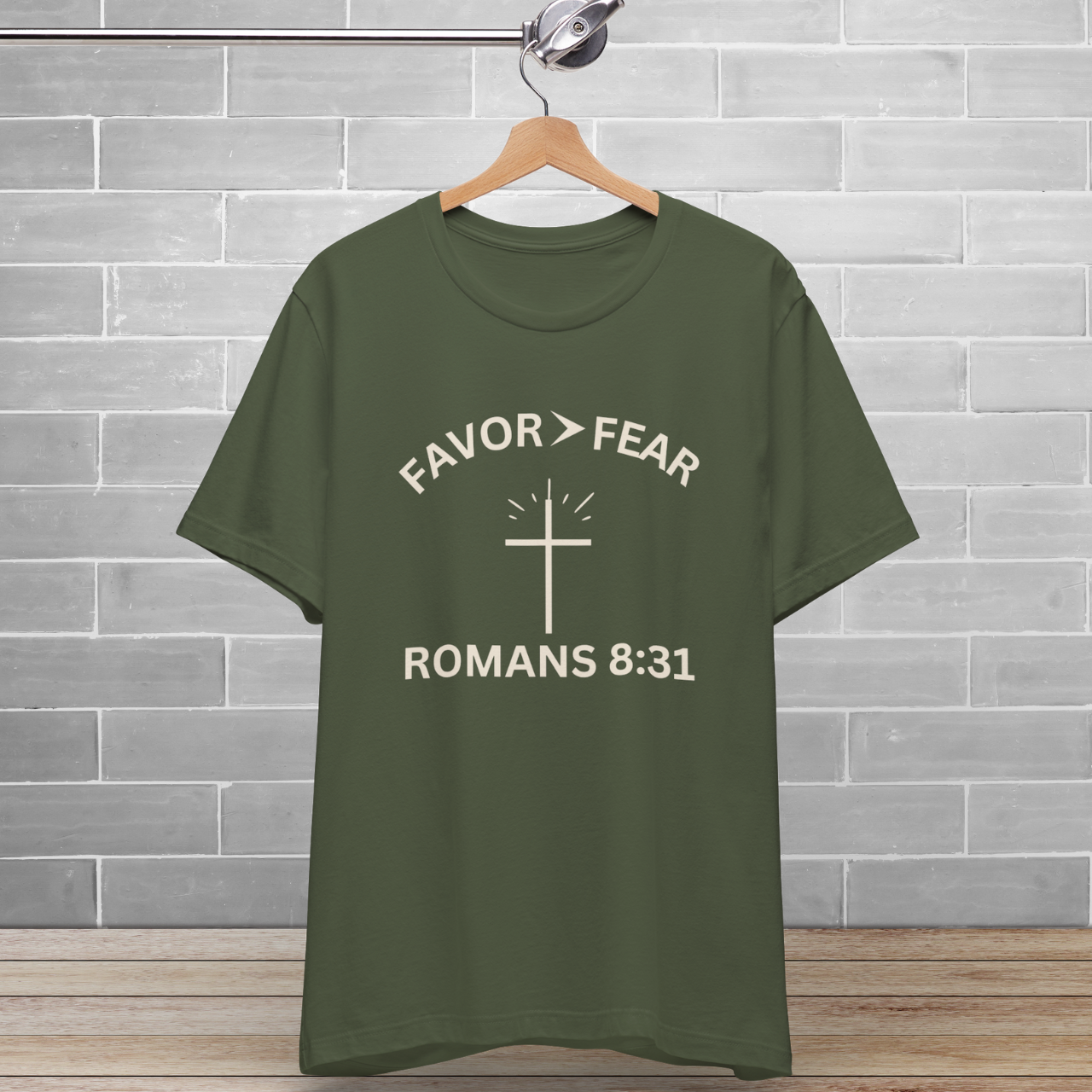 Favor > Fear (Romans 8:31 Bible Verse)  Christian-Tee Back to School — Minimal Cross | Bella+Canvas 3001