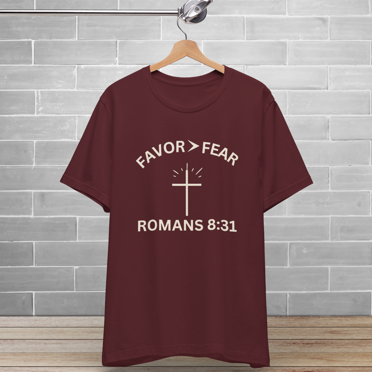 Favor > Fear (Romans 8:31 Bible Verse)  Christian-Tee Back to School — Minimal Cross | Bella+Canvas 3001