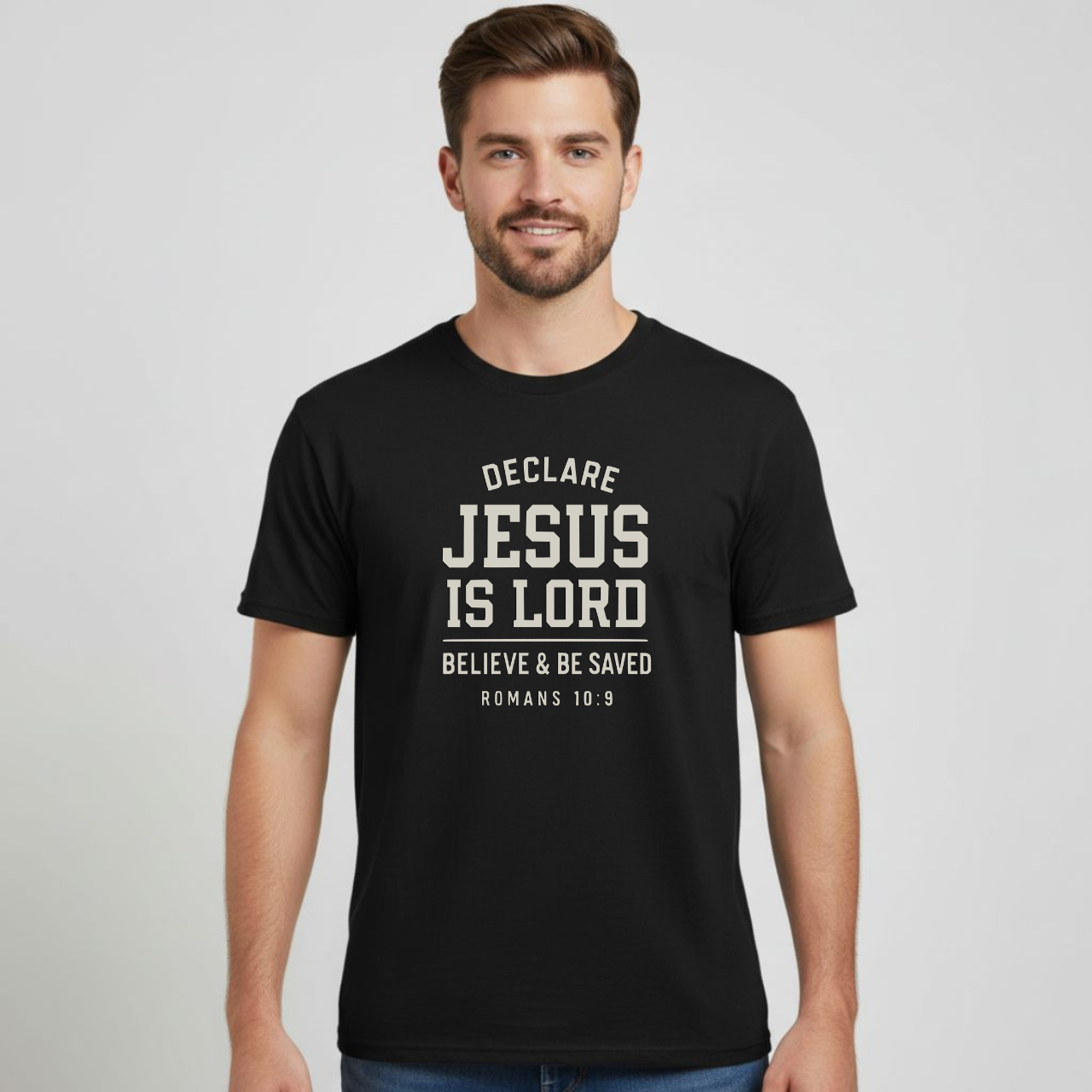 Declare Jesus is Lord Christian T-Shirt • Romans 10:9 Bible Verse Tee • Believe & Be Saved Gildan 64000