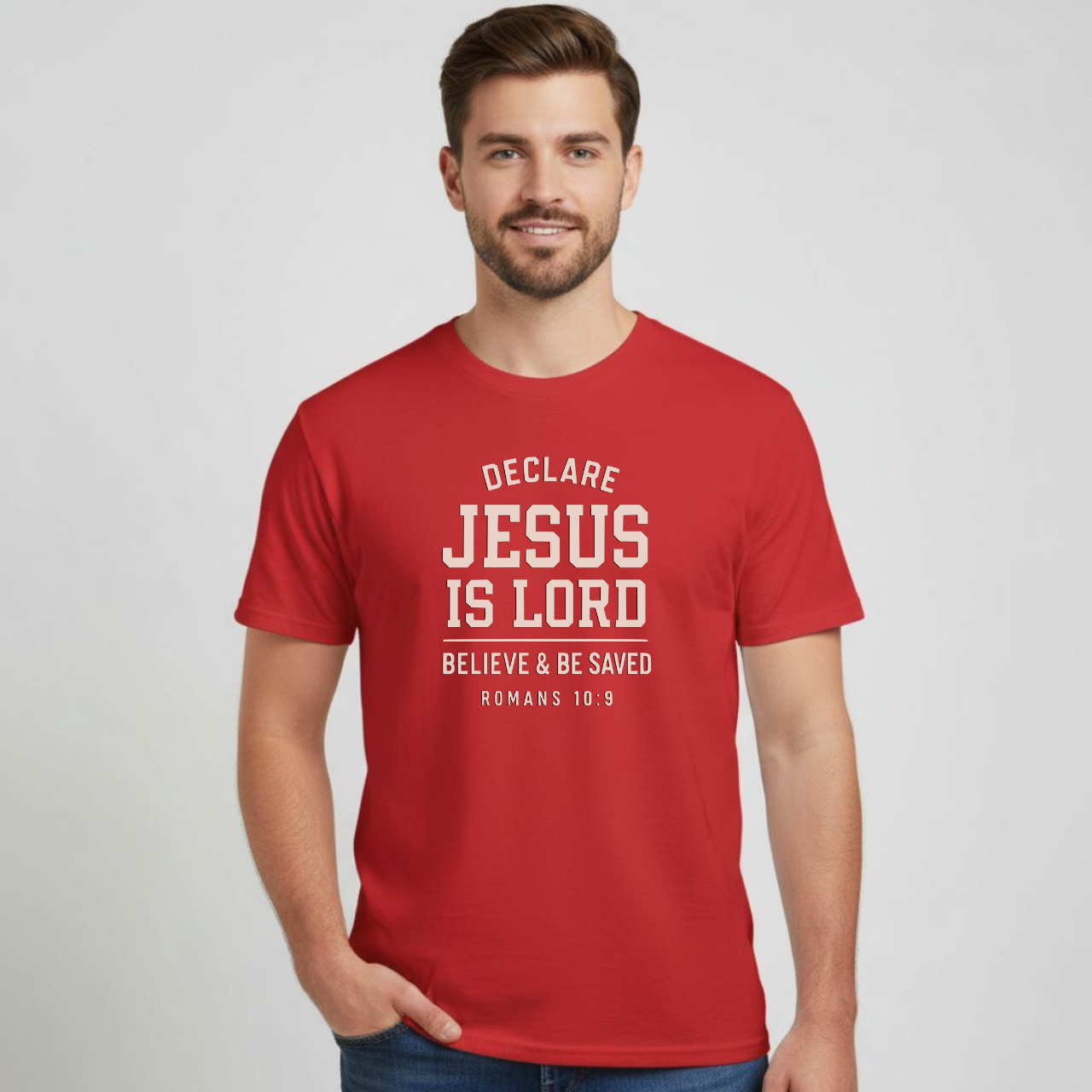 Declare Jesus is Lord Christian T-Shirt • Romans 10:9 Bible Verse Tee • Believe & Be Saved Gildan 64000