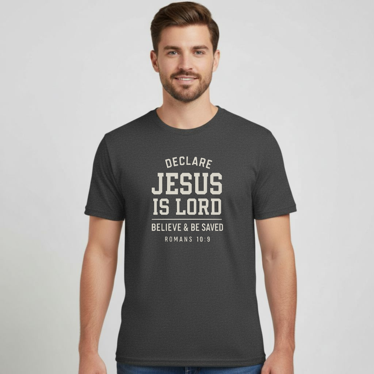 Declare Jesus is Lord Christian T-Shirt • Romans 10:9 Bible Verse Tee • Believe & Be Saved Gildan 64000