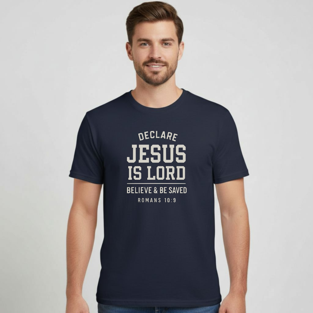 Declare Jesus is Lord Christian T-Shirt • Romans 10:9 Bible Verse Tee • Believe & Be Saved Gildan 64000