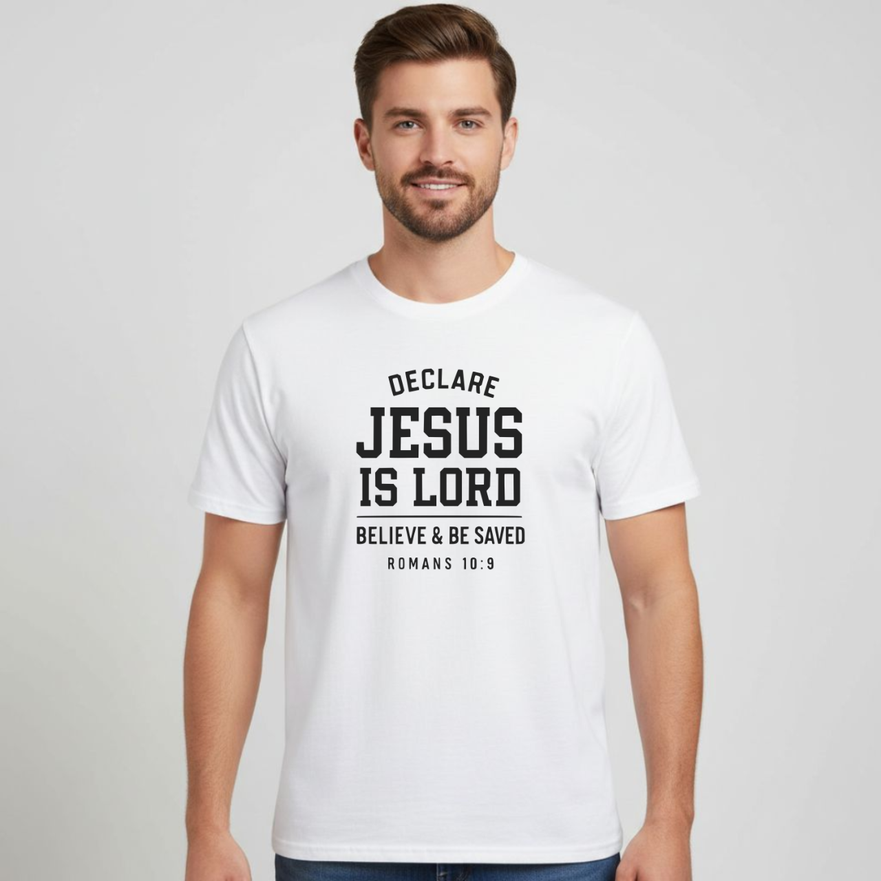 Declare Jesus is Lord Christian T-Shirt • Romans 10:9 Bible Verse Tee • Believe & Be Saved Gildan 64000