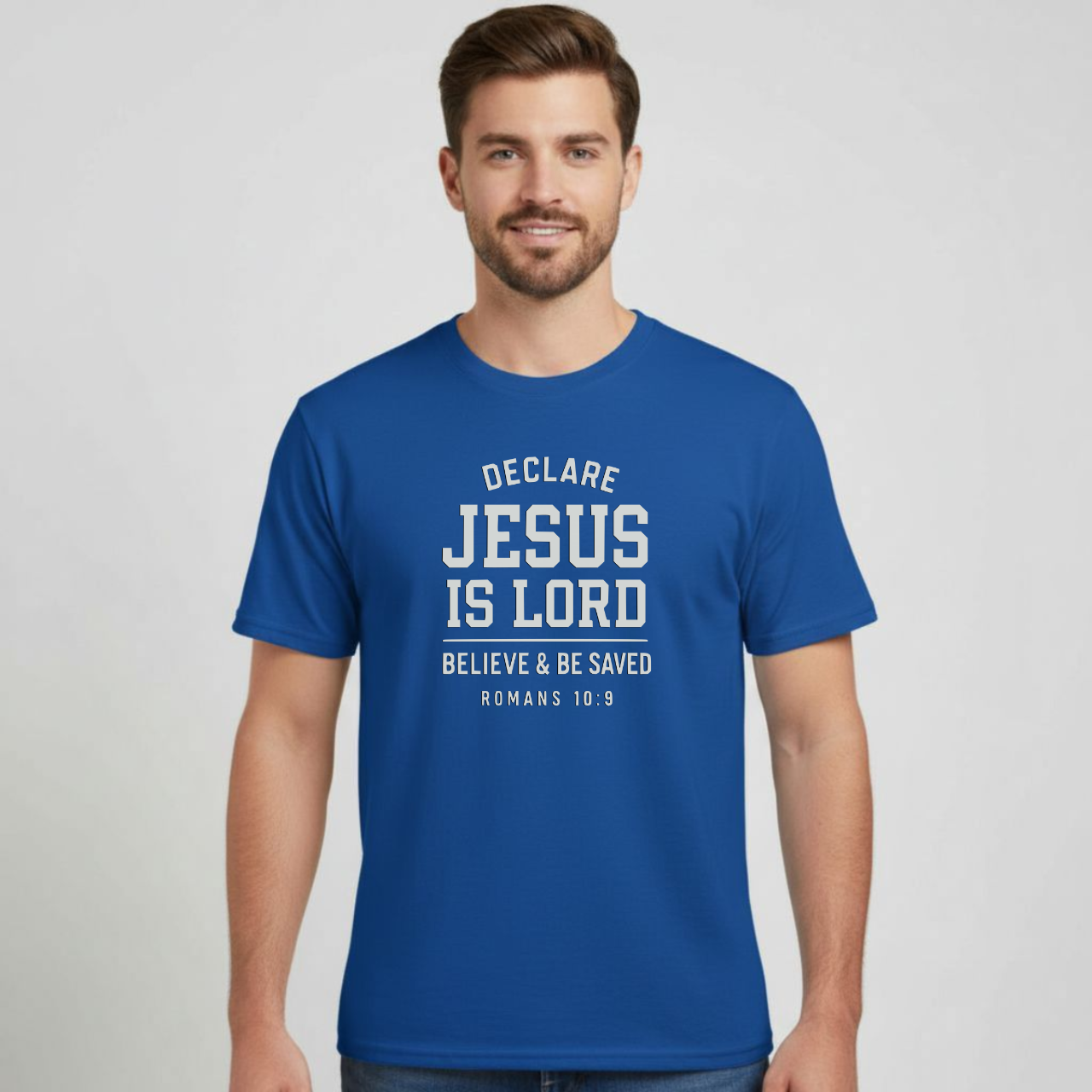 Declare Jesus is Lord Christian T-Shirt • Romans 10:9 Bible Verse Tee • Believe & Be Saved Gildan 64000