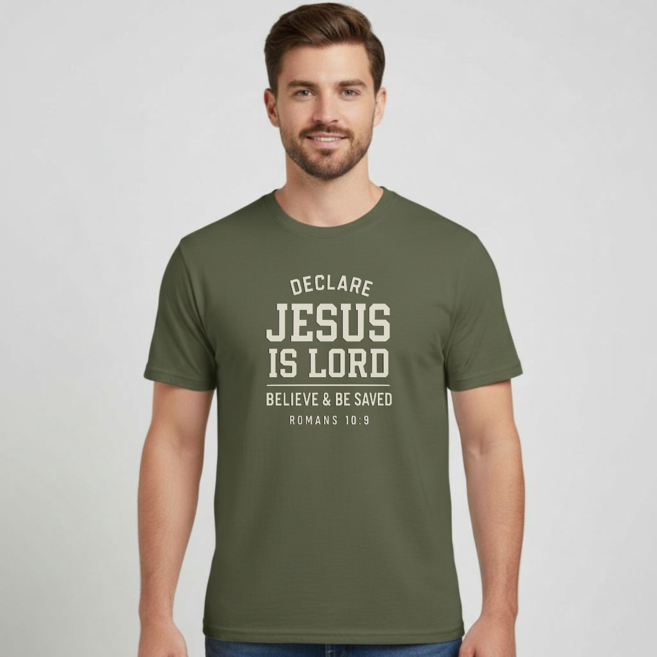 Declare Jesus is Lord Christian T-Shirt • Romans 10:9 Bible Verse Tee • Believe & Be Saved Gildan 64000
