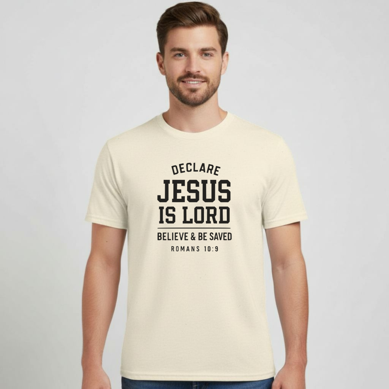 Declare Jesus is Lord Christian T-Shirt • Romans 10:9 Bible Verse Tee • Believe & Be Saved Gildan 64000