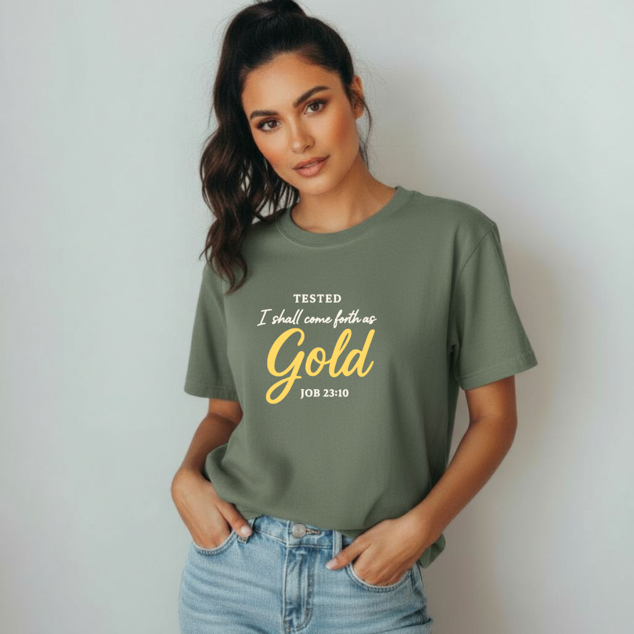Tested I Shall Come Forth as Gold Christian T-Shirt • Job 23:10 Bible Verse Tee • Faith Through Trials Comfort Colors 1717