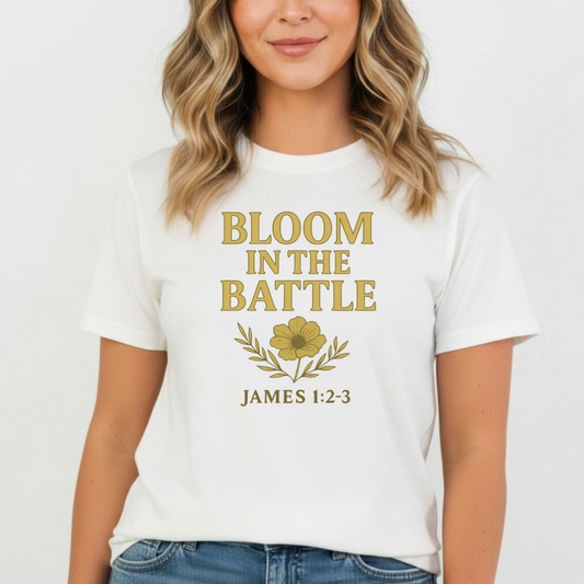 Bloom in the Battle Christian T-Shirt • James 1:2–3 Bible Verse Tee • Floral Faith Comfort Colors 1717