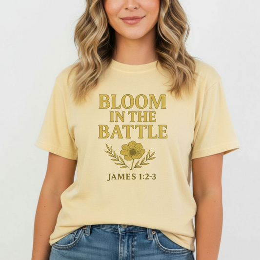 Bloom in the Battle Christian T-Shirt • James 1:2–3 Bible Verse Tee • Floral Faith Comfort Colors 1717