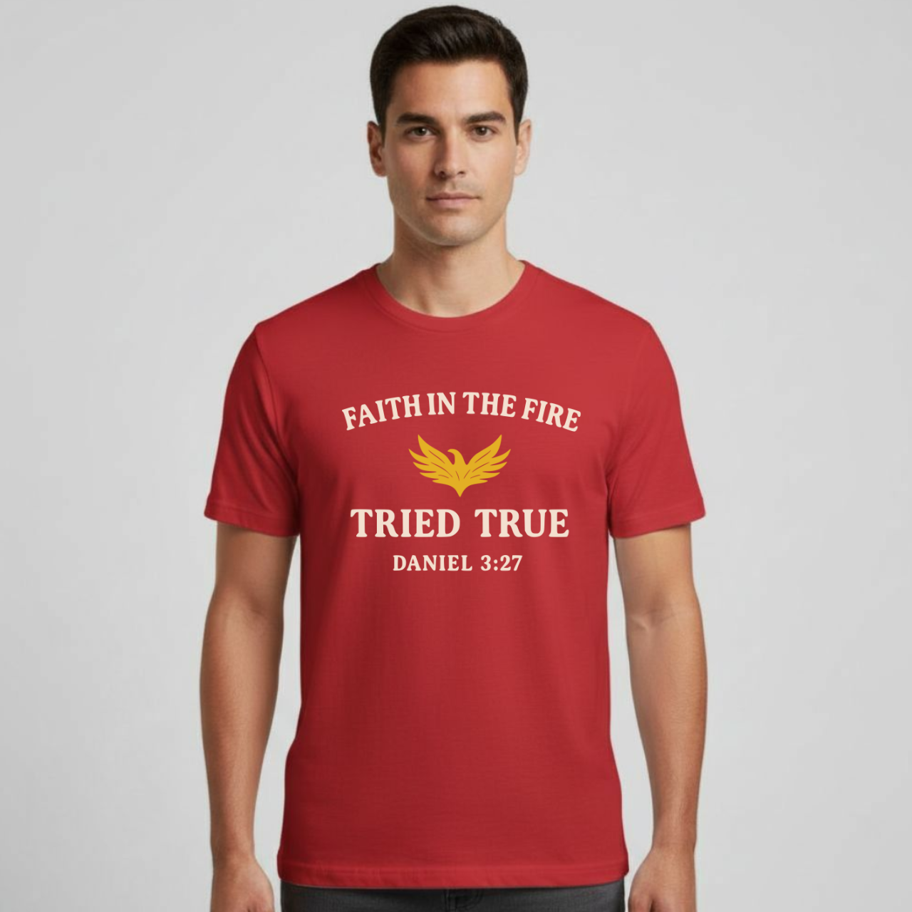 Faith in the Fire Christian T-Shirt • Daniel 3:27 Bible Verse Tee • Tried & True Gospel Shirt | Gildan 64000 Softstyle