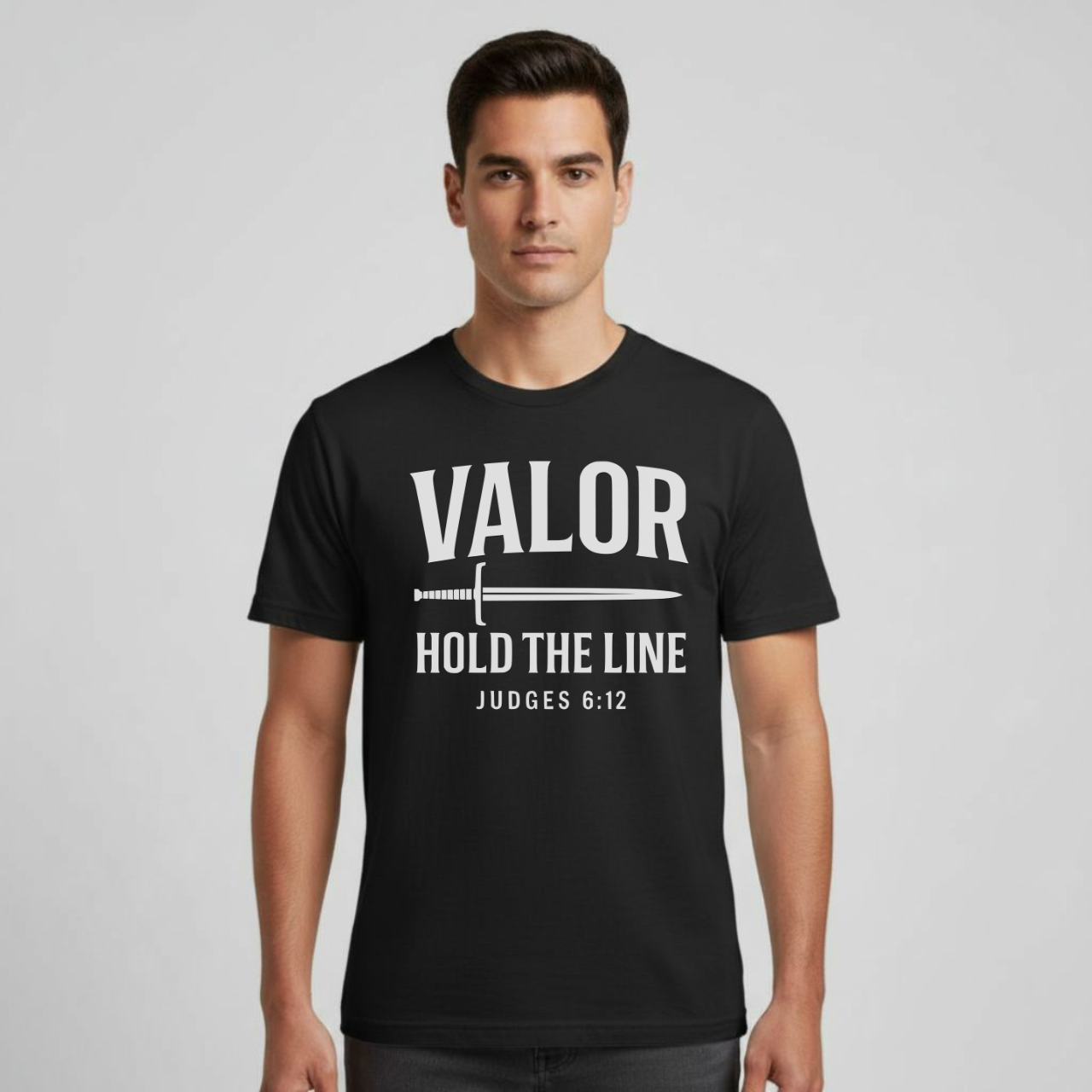 Valor Hold the Line Christian T-Shirt • Judges 6:12 Bible Verse • Warrior of Faith Tee | Gildan 64000 Unisex Softstyle