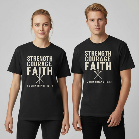 Strength Courage Faith Christian T-Shirt • 1 Corinthians 16:13 Bible Verse • Bold Faith Tee | Comfort Colors 1717 Garment-Dyed