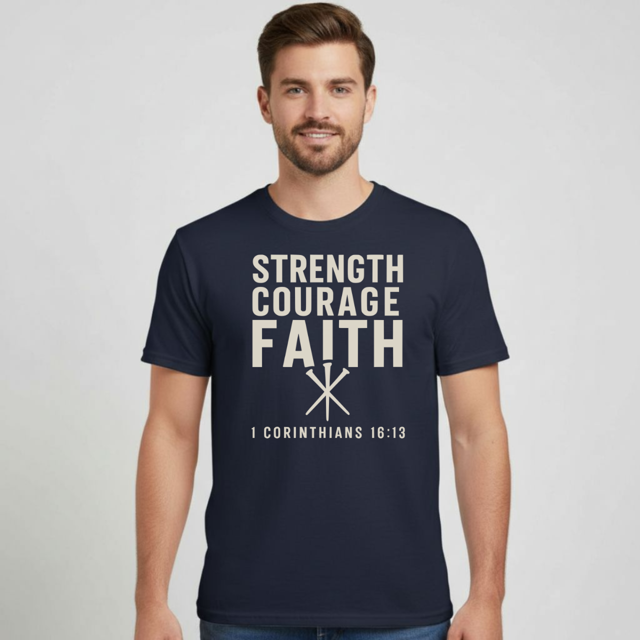 Strength Courage Faith Christian T-Shirt • 1 Corinthians 16:13 Bible Verse • Bold Faith Tee | Gildan 64000 Unisex Softstyle