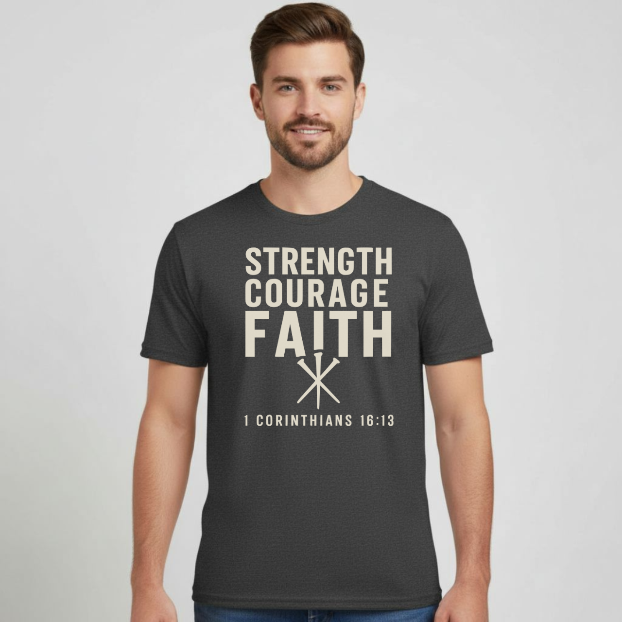 Strength Courage Faith Christian T-Shirt • 1 Corinthians 16:13 Bible Verse • Bold Faith Tee | Gildan 64000 Unisex Softstyle