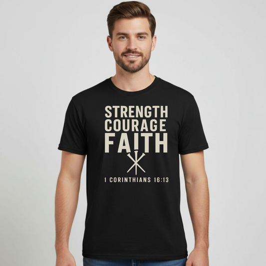 Strength Courage Faith Christian T-Shirt • 1 Corinthians 16:13 Bible Verse • Bold Faith Tee | Gildan 64000 Unisex Softstyle