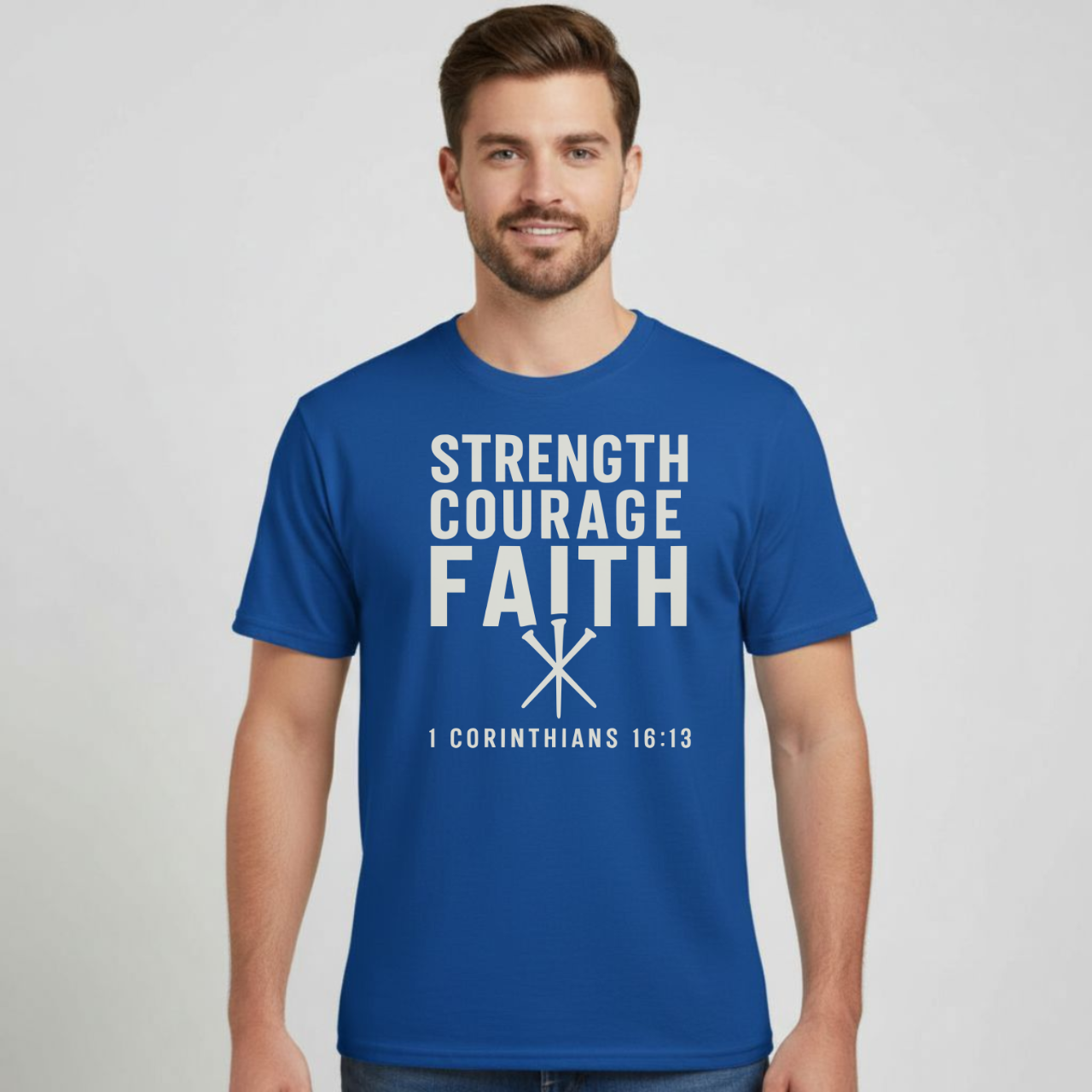 Strength Courage Faith Christian T-Shirt • 1 Corinthians 16:13 Bible Verse • Bold Faith Tee | Gildan 64000 Unisex Softstyle