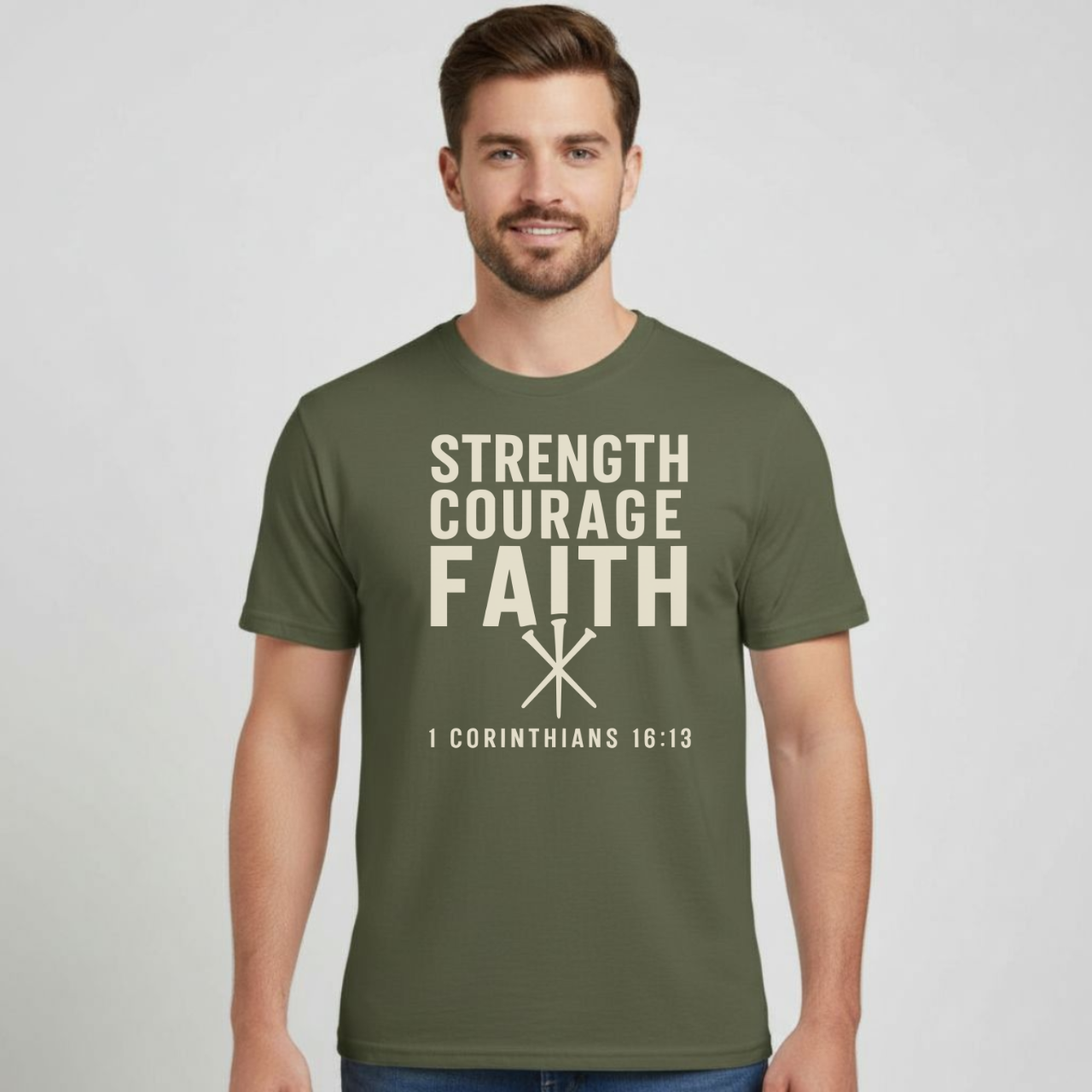 Strength Courage Faith Christian T-Shirt • 1 Corinthians 16:13 Bible Verse • Bold Faith Tee | Gildan 64000 Unisex Softstyle