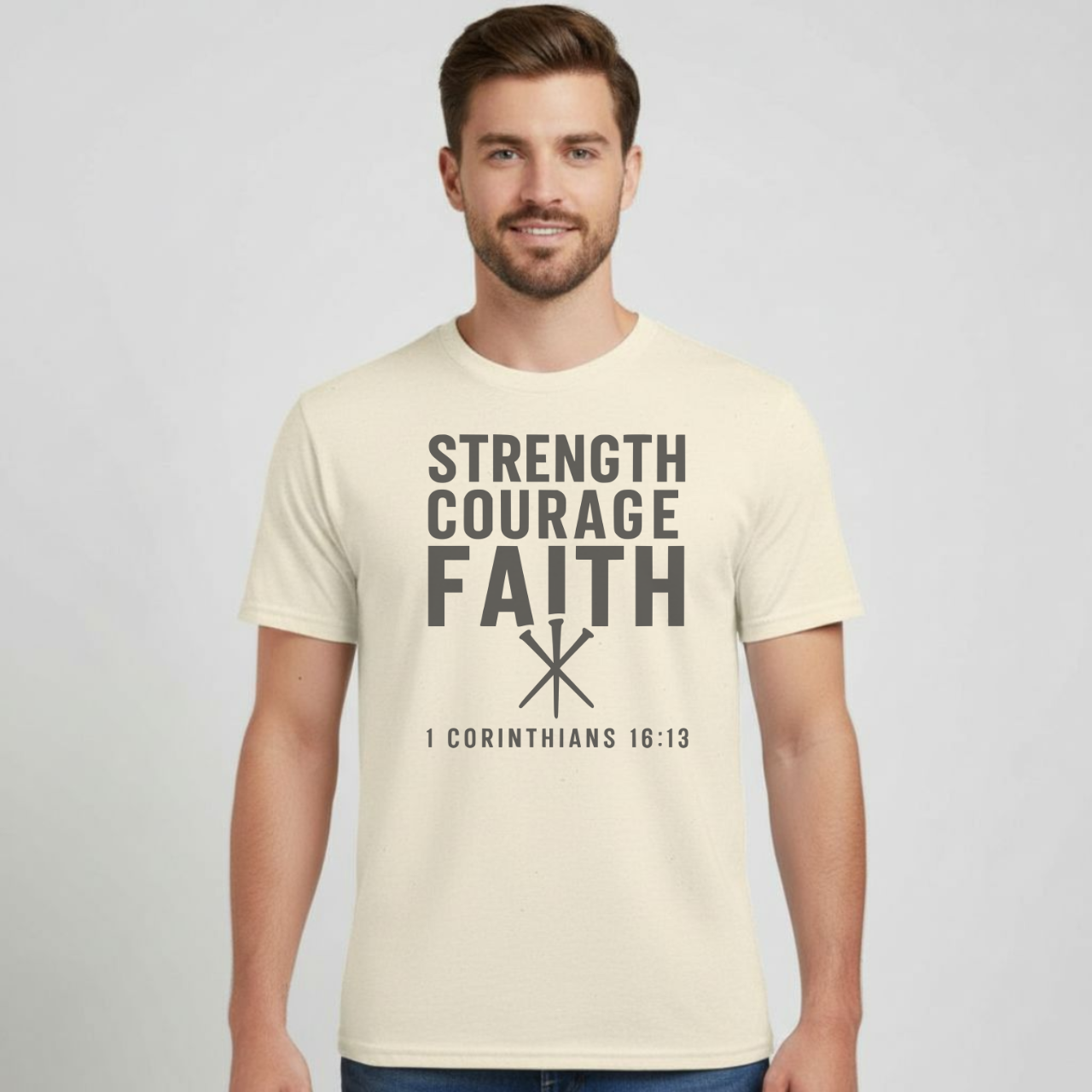 Strength Courage Faith Christian T-Shirt • 1 Corinthians 16:13 Bible Verse • Bold Faith Tee | Gildan 64000 Unisex Softstyle