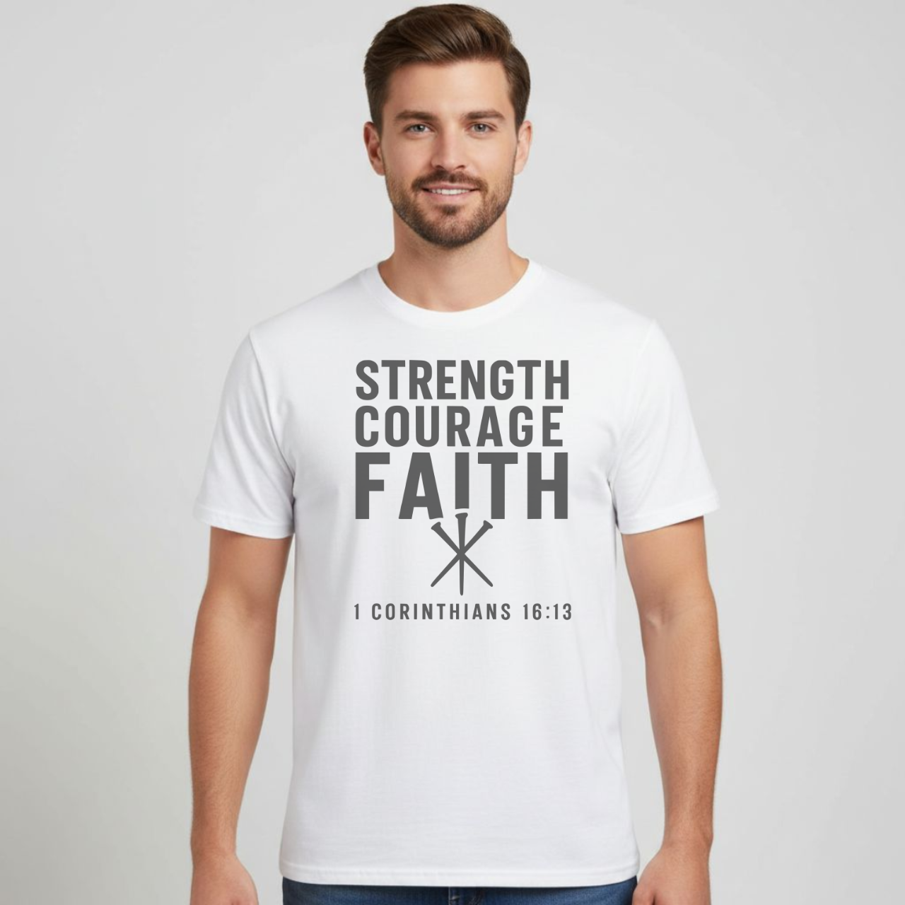 Strength Courage Faith Christian T-Shirt • 1 Corinthians 16:13 Bible Verse • Bold Faith Tee | Gildan 64000 Unisex Softstyle
