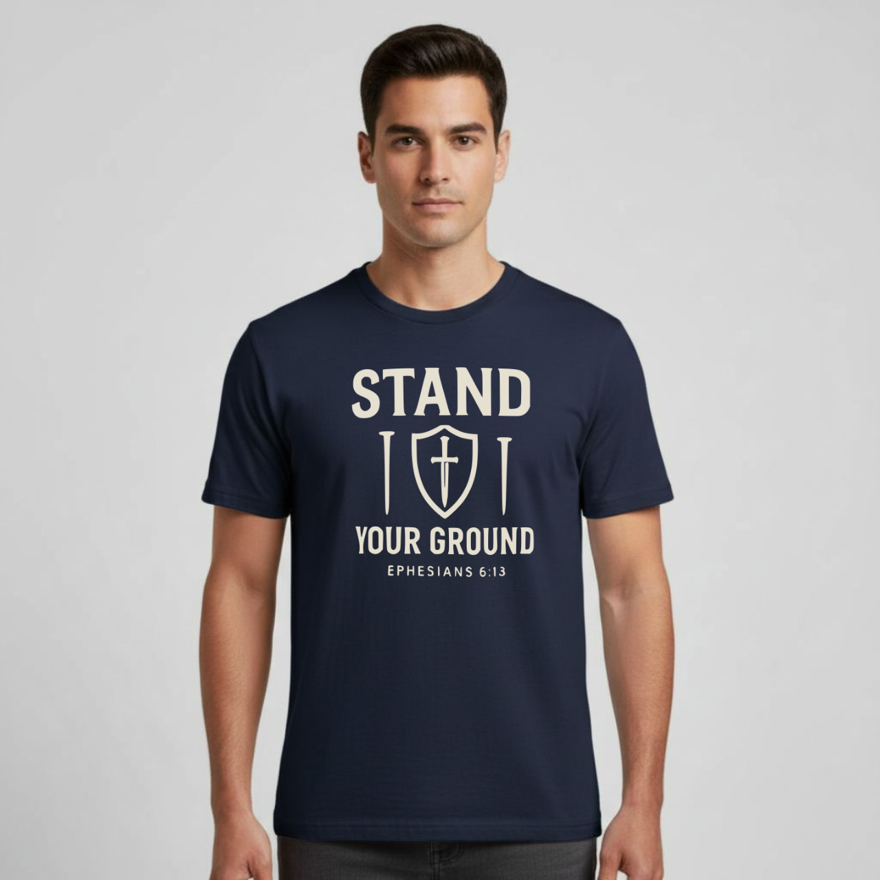 Stand Your Ground Christian T-Shirt • Ephesians 6:13 Bible Verse • Shield of Faith Design | Gildan 64000 Unisex Softstyle Tee
