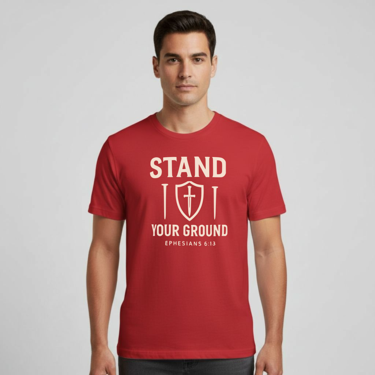 Stand Your Ground Christian T-Shirt • Ephesians 6:13 Bible Verse • Shield of Faith Design | Gildan 64000 Unisex Softstyle Tee