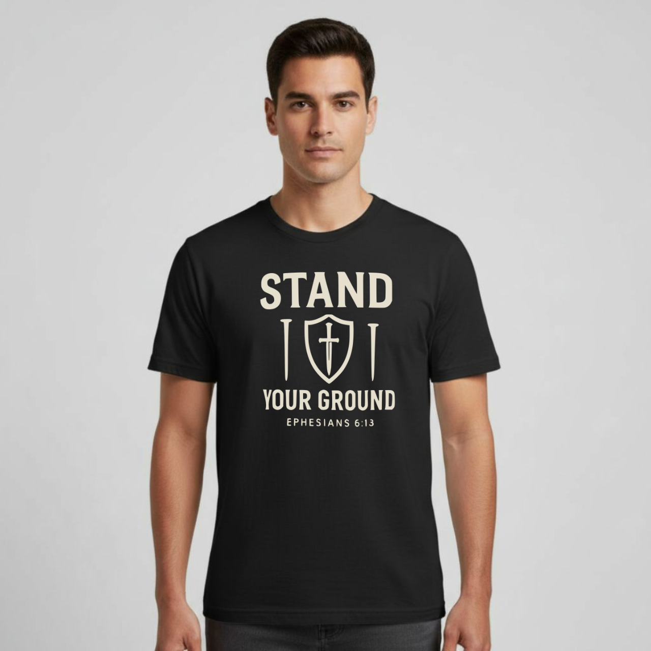 Stand Your Ground Christian T-Shirt • Ephesians 6:13 Bible Verse • Shield of Faith Design | Gildan 64000 Unisex Softstyle Tee