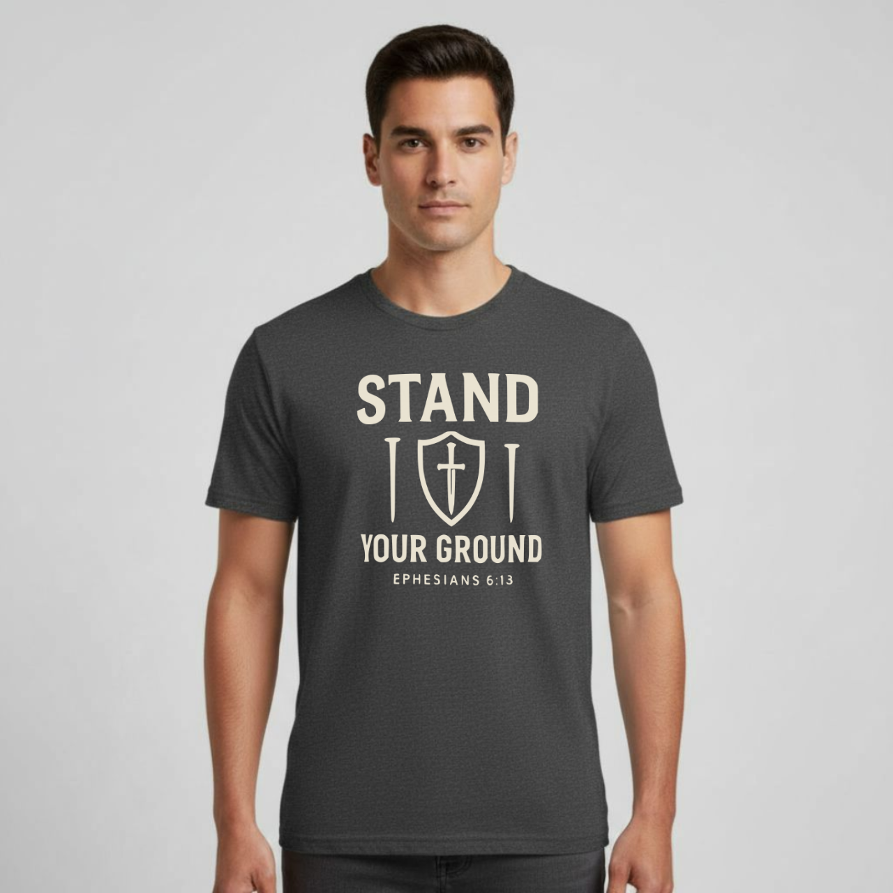 Stand Your Ground Christian T-Shirt • Ephesians 6:13 Bible Verse • Shield of Faith Design | Gildan 64000 Unisex Softstyle Tee