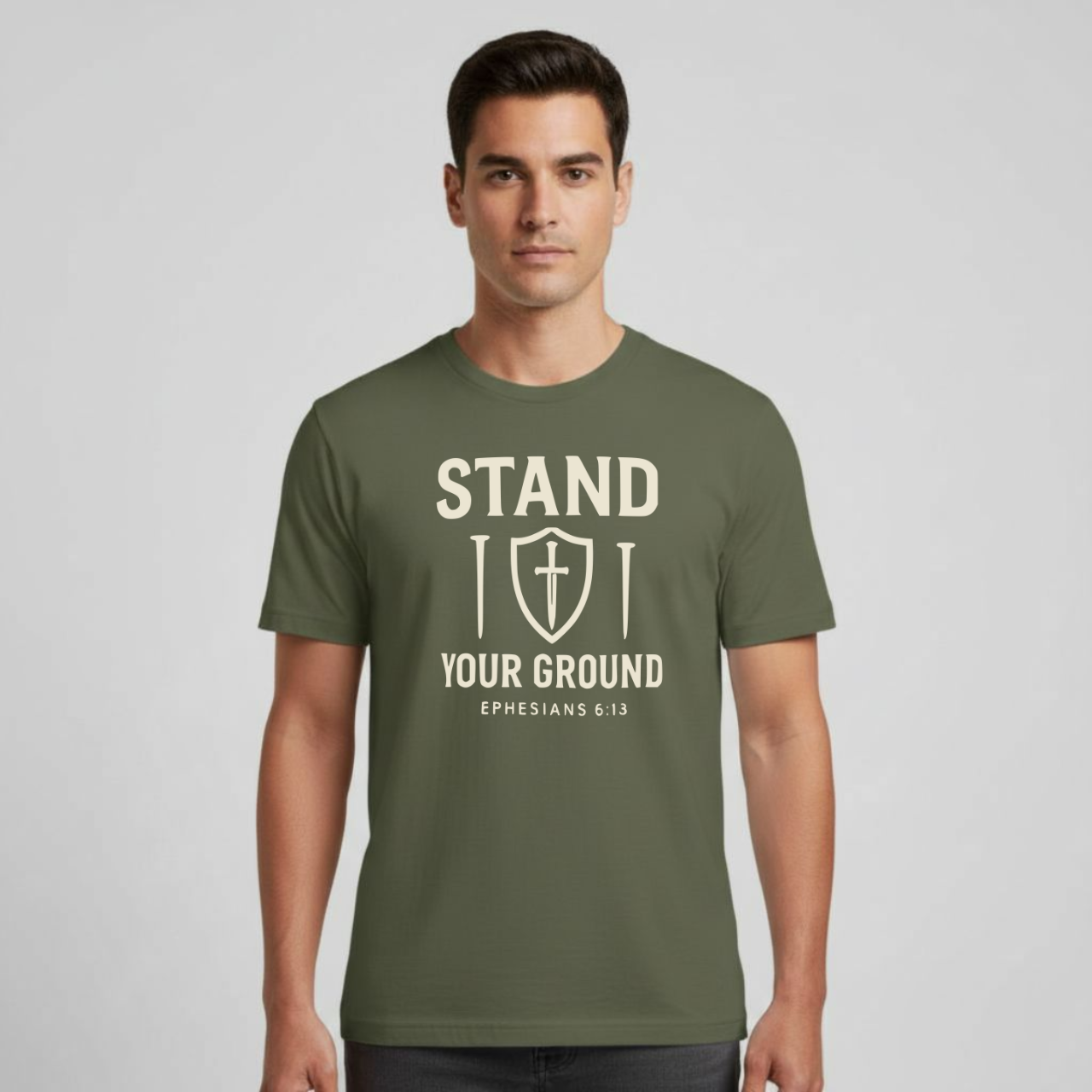 Stand Your Ground Christian T-Shirt • Ephesians 6:13 Bible Verse • Shield of Faith Design | Gildan 64000 Unisex Softstyle Tee