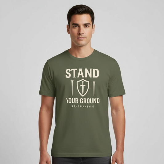 Stand Your Ground Christian T-Shirt • Ephesians 6:13 Bible Verse • Shield of Faith Design | Gildan 64000 Unisex Softstyle Tee