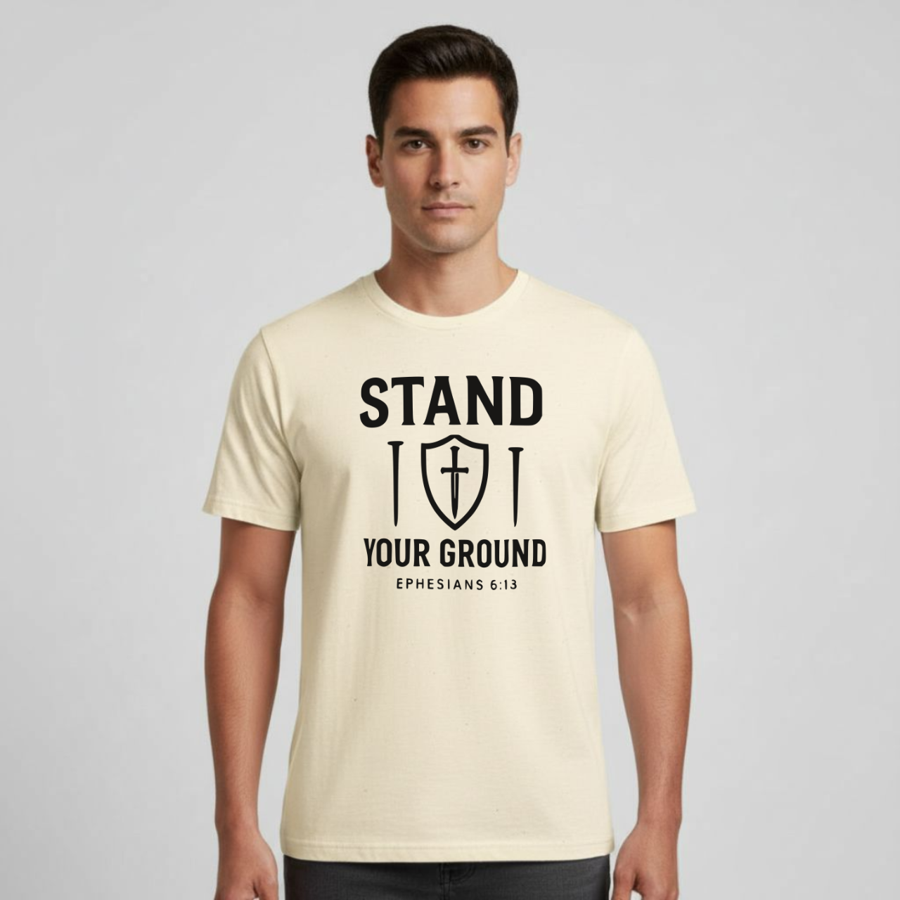 Stand Your Ground Christian T-Shirt • Ephesians 6:13 Bible Verse • Shield of Faith Design | Gildan 64000 Unisex Softstyle Tee