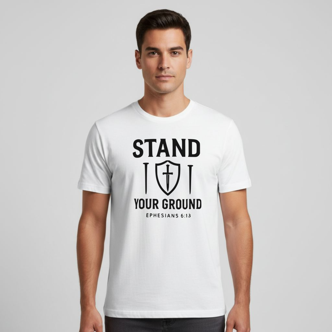 Stand Your Ground Christian T-Shirt • Ephesians 6:13 Bible Verse • Shield of Faith Design | Gildan 64000 Unisex Softstyle Tee