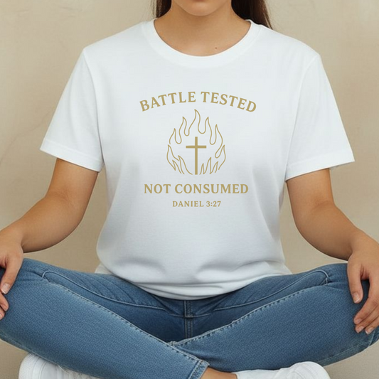 Battle Tested Not Consumed Christian T-Shirt • Daniel 3:27 Bible Verse Tee • Faith Through Trials Comfort Colors 1717