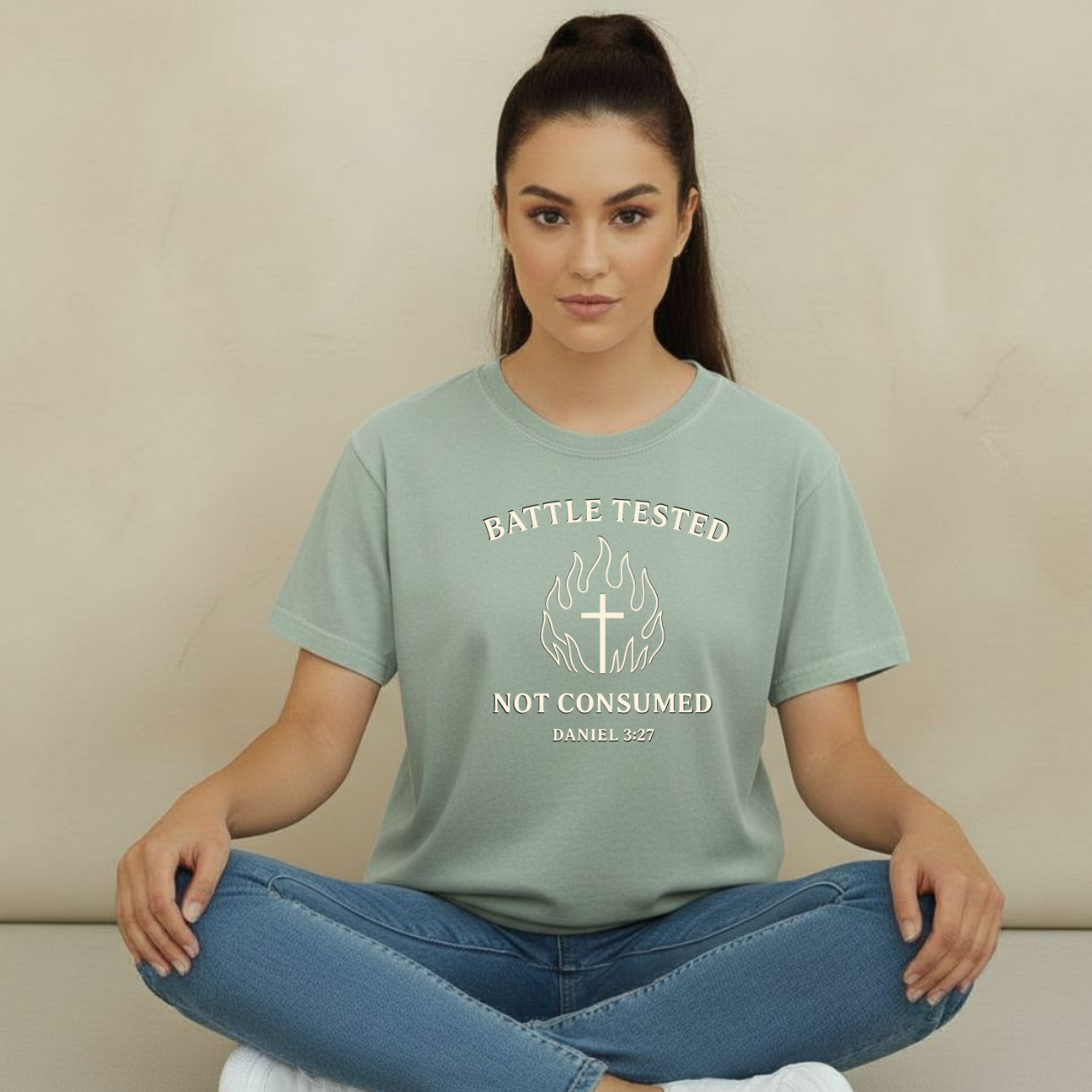Battle Tested Not Consumed Christian T-Shirt • Daniel 3:27 Bible Verse Tee • Faith Through Trials Comfort Colors 1717