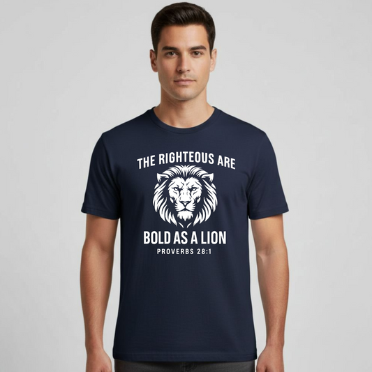The Righteous Are Bold As A Lion Christian T-Shirt • Proverbs 28:1 Bible Verse Tee • Faith + Courage Gildan 64000