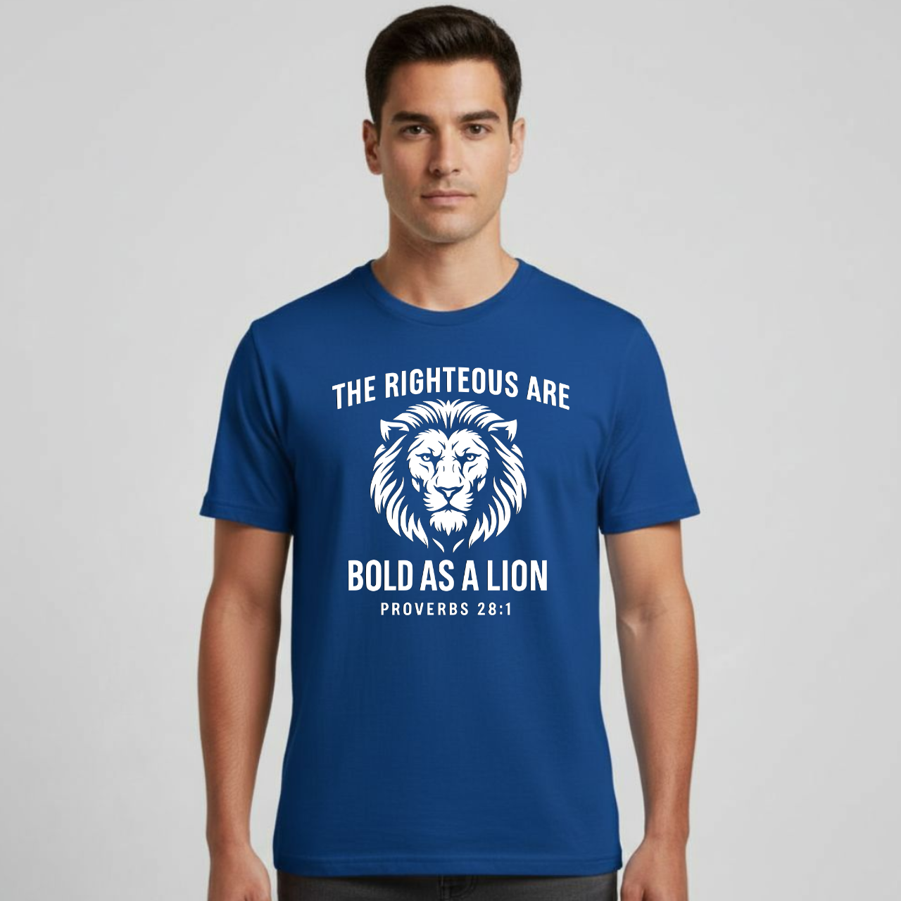 The Righteous Are Bold As A Lion Christian T-Shirt • Proverbs 28:1 Bible Verse Tee • Faith + Courage Gildan 64000
