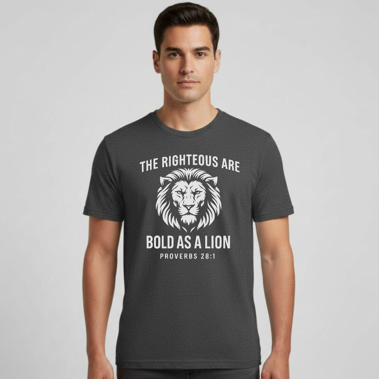 The Righteous Are Bold As A Lion Christian T-Shirt • Proverbs 28:1 Bible Verse Tee • Faith + Courage Gildan 64000