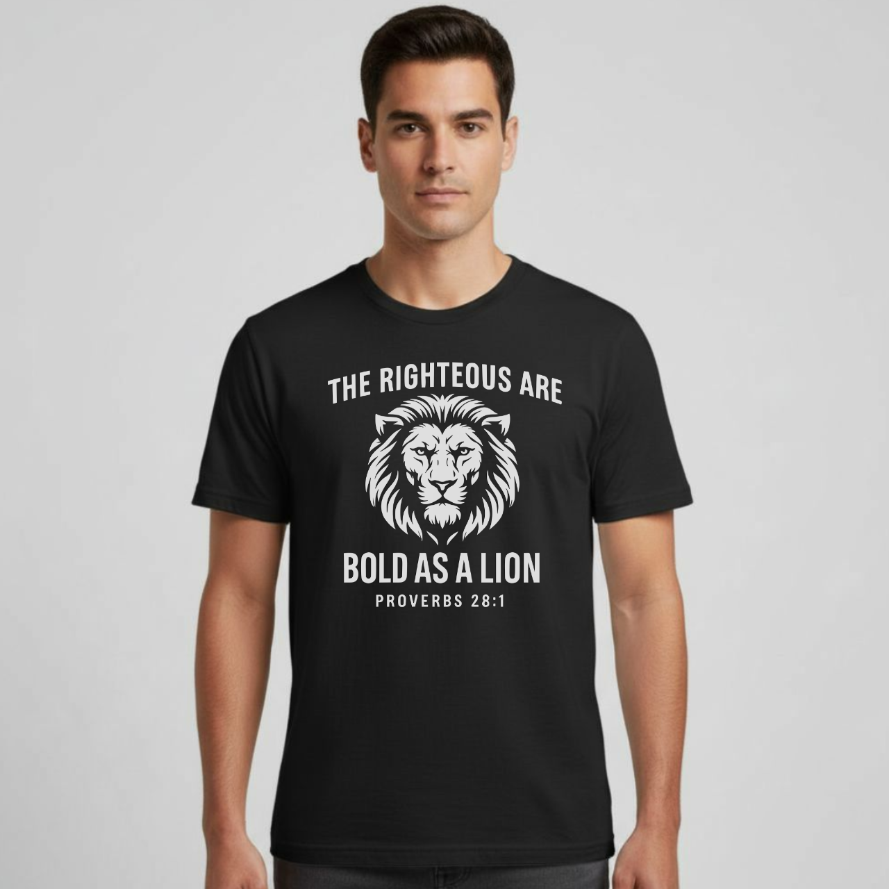 The Righteous Are Bold As A Lion Christian T-Shirt • Proverbs 28:1 Bible Verse Tee • Faith + Courage Gildan 64000
