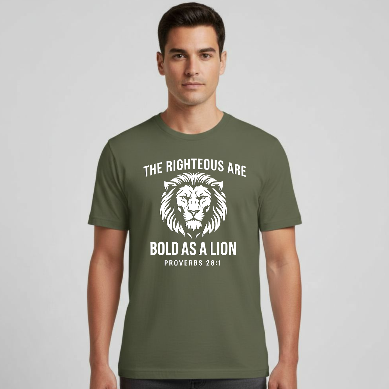The Righteous Are Bold As A Lion Christian T-Shirt • Proverbs 28:1 Bible Verse Tee • Faith + Courage Gildan 64000