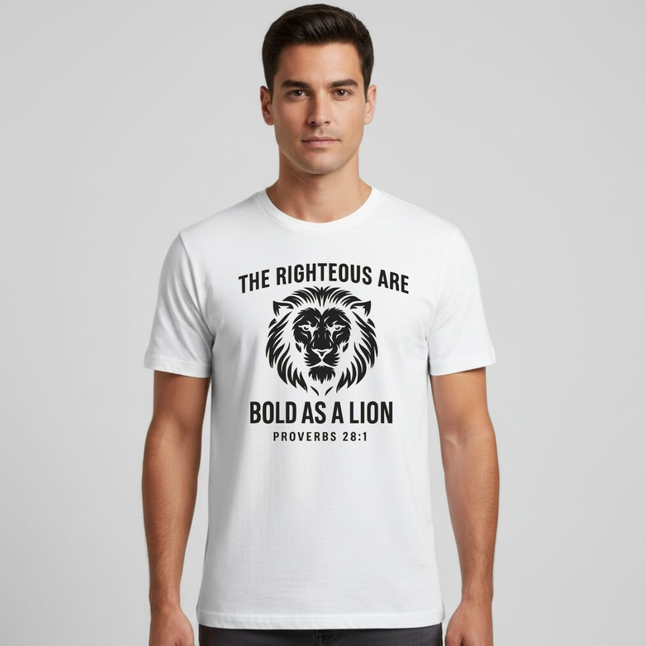 The Righteous Are Bold As A Lion Christian T-Shirt • Proverbs 28:1 Bible Verse Tee • Faith + Courage Gildan 64000