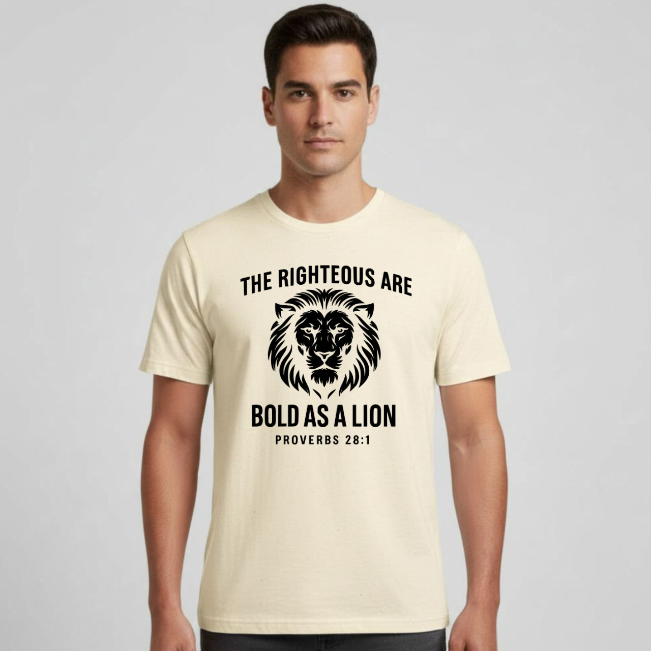 The Righteous Are Bold As A Lion Christian T-Shirt • Proverbs 28:1 Bible Verse Tee • Faith + Courage Gildan 64000