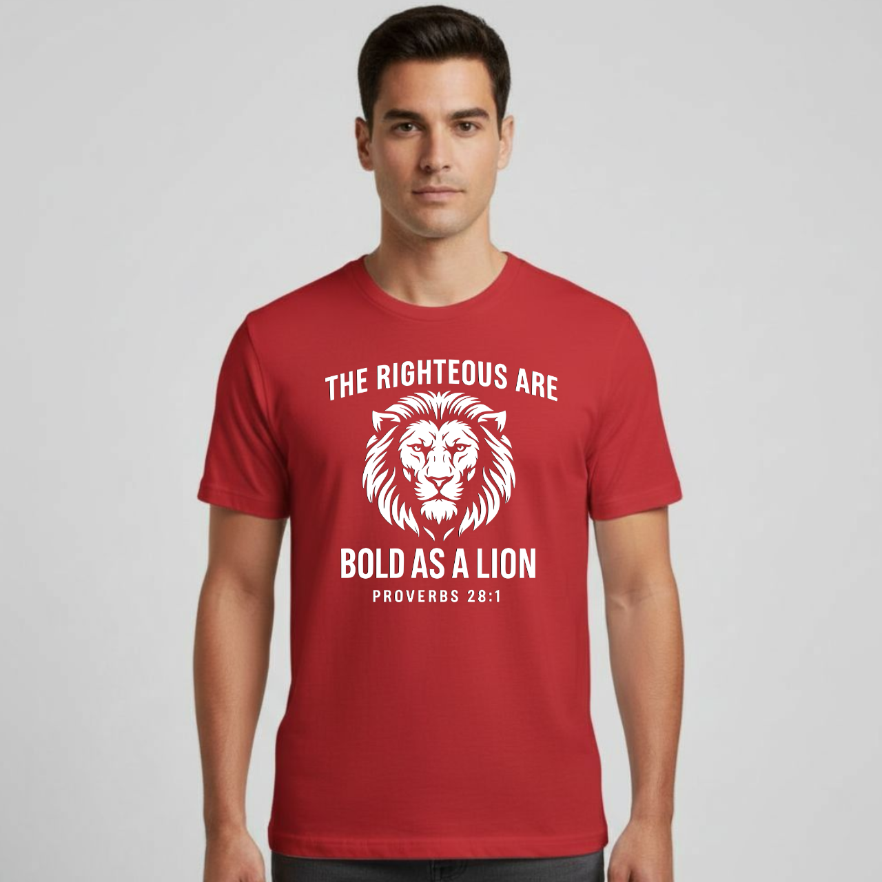 The Righteous Are Bold As A Lion Christian T-Shirt • Proverbs 28:1 Bible Verse Tee • Faith + Courage Gildan 64000