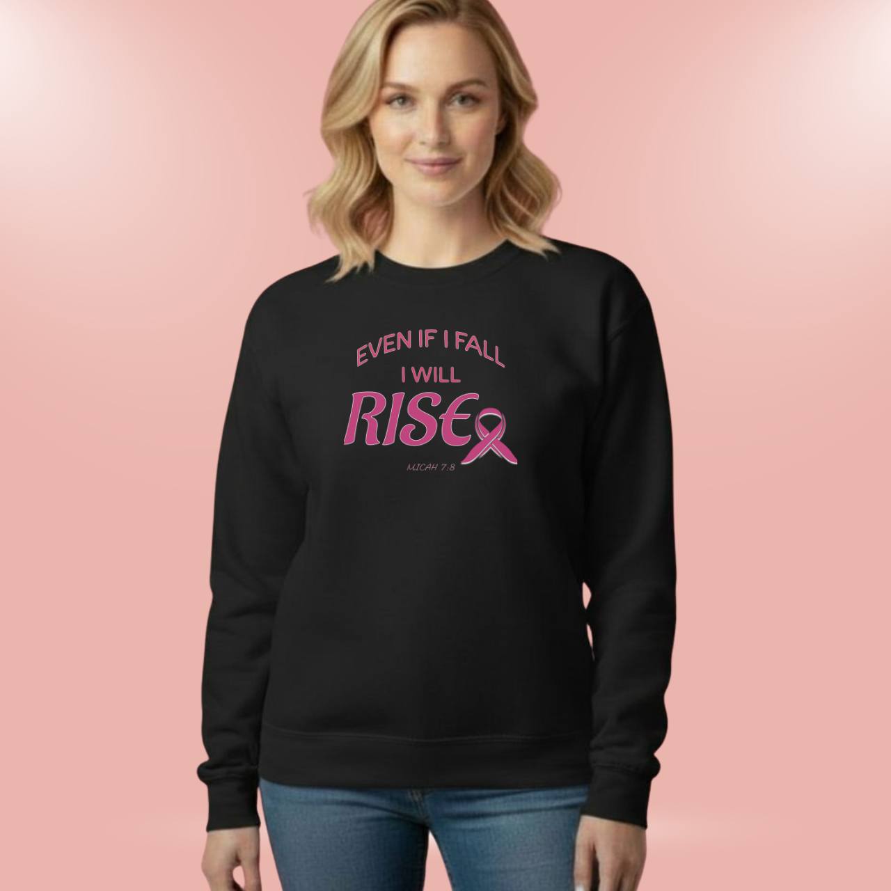 Even If I Fall I Will Rise Sweatshirt • Micah 7:8 Bible Verse Crewneck • Breast Cancer Awareness Faith Shirt • Gildan 18000 Christian Pullover