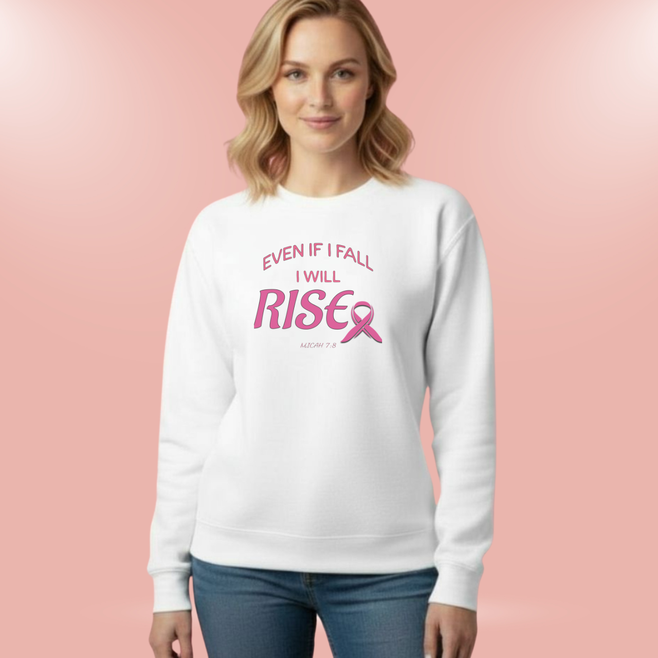 Even If I Fall I Will Rise Sweatshirt • Micah 7:8 Bible Verse Crewneck • Breast Cancer Awareness Faith Shirt • Gildan 18000 Christian Pullover
