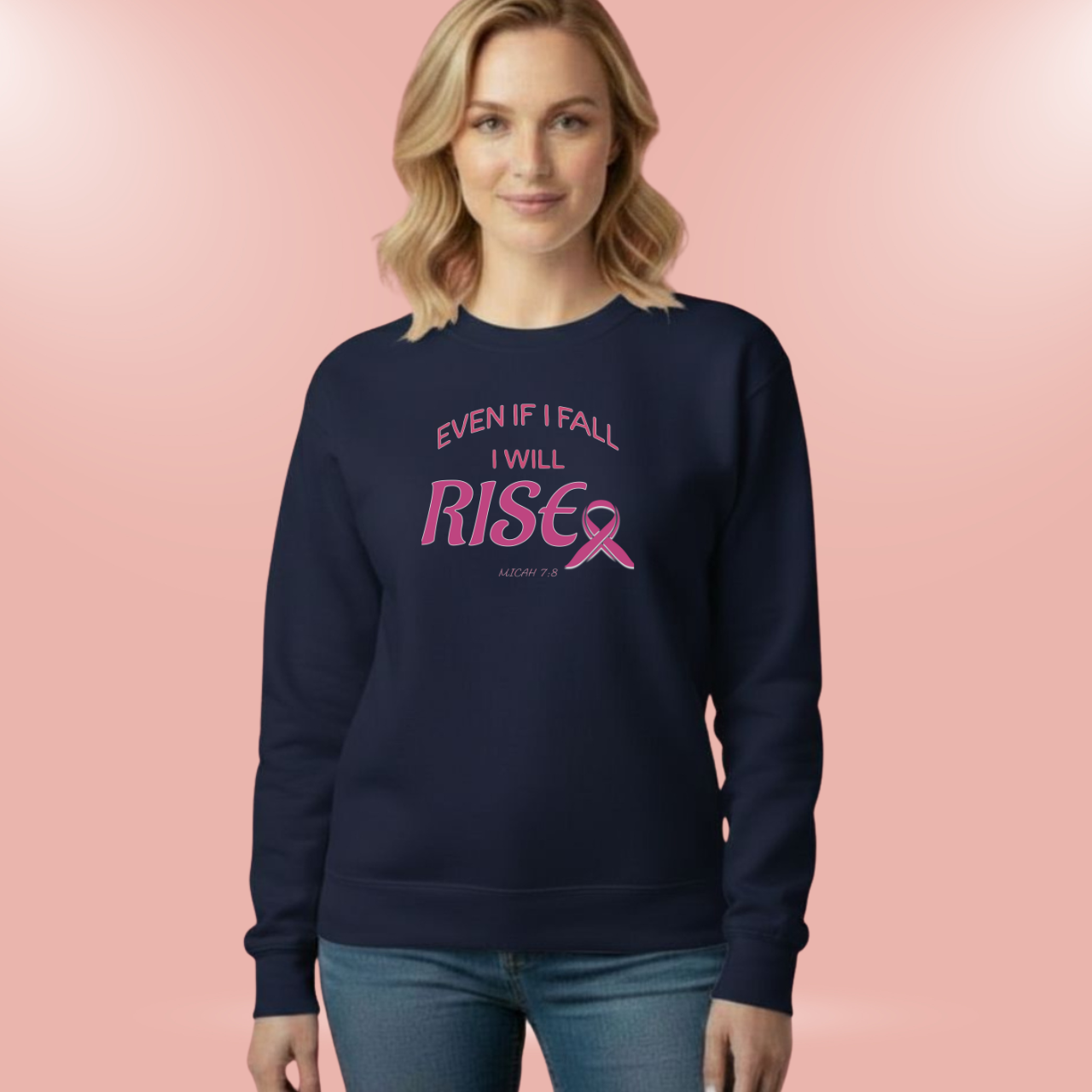 Even If I Fall I Will Rise Sweatshirt • Micah 7:8 Bible Verse Crewneck • Breast Cancer Awareness Faith Shirt • Gildan 18000 Christian Pullover