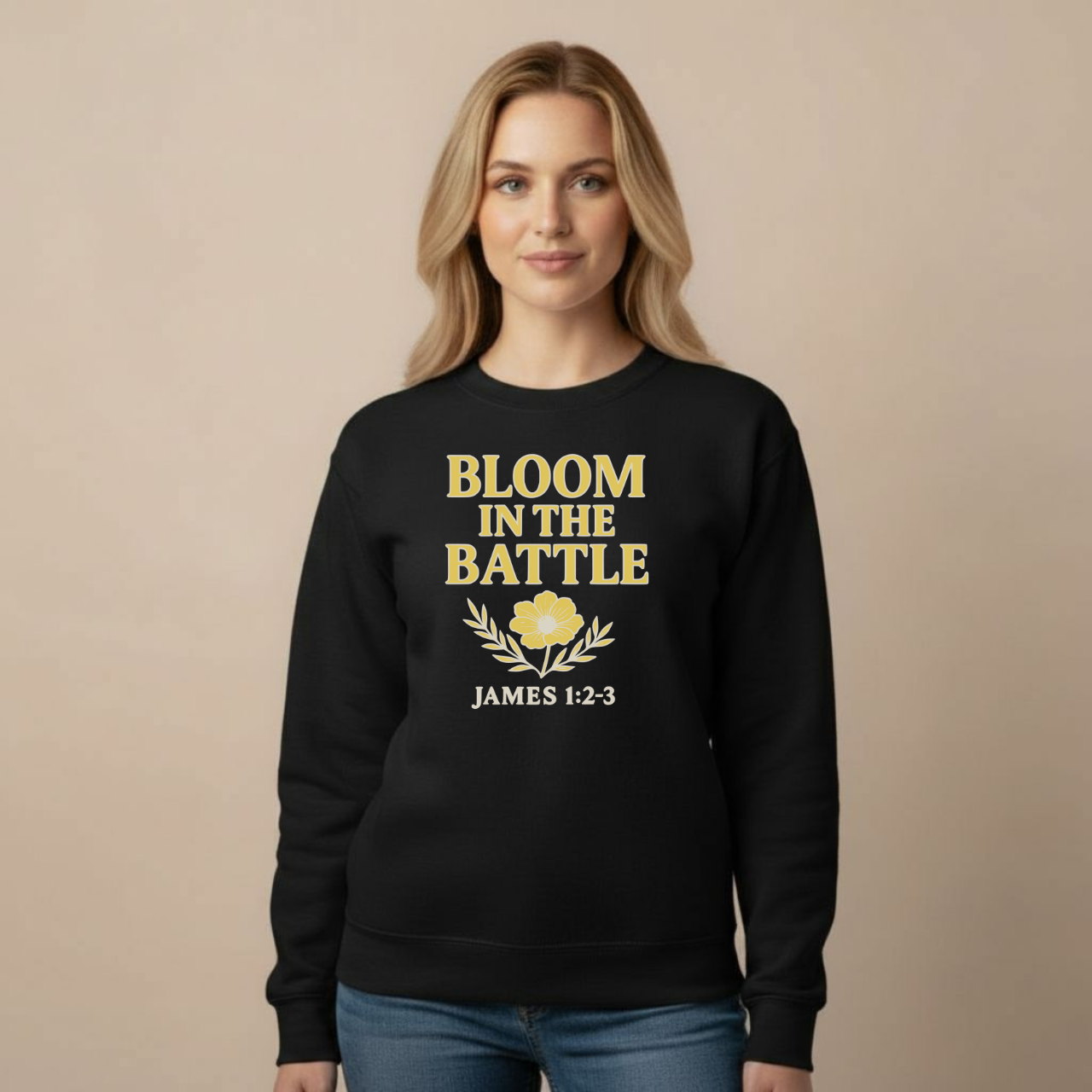 Bloom in the Battle Sweatshirt • James 1:2-3 Bible Verse Crewneck • Christian Women’s Faith Shirt • Gildan 18000 Pullover
